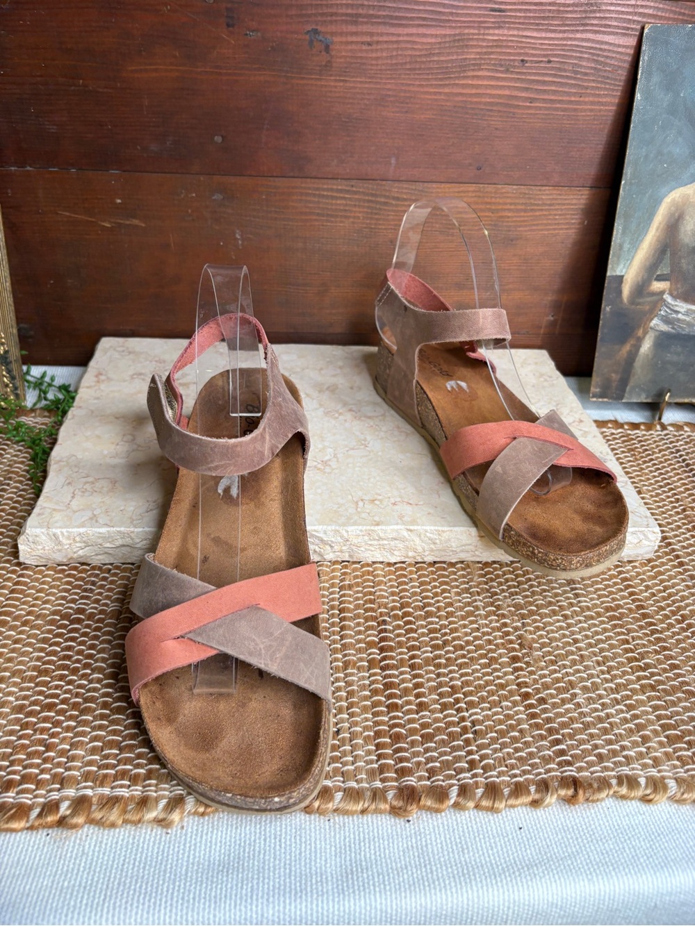 Bio-Gold Leather & Cork Comfort Sandals in Brick Taupe Size 9.5